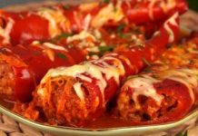 Перец, фаршированный мясом, помидорами и сыром (без риса)