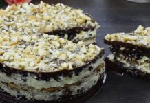 Шоколадный торт «Пьяная слива» с ореховой меренгой и желе