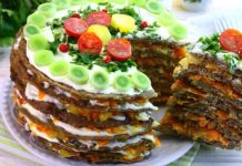 Печёночный торт с обжаренными овощами