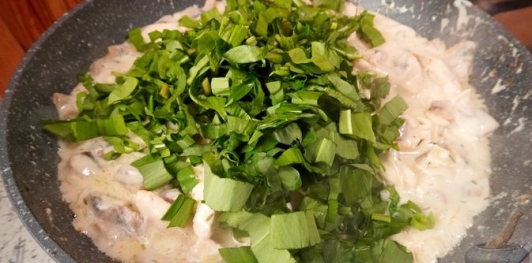 Фото приготовления рецепта: Курица в сливочном соусе с грибами и черемшой - шаг №17