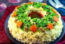 Слоёный салат с курицей, картофелем и орехами